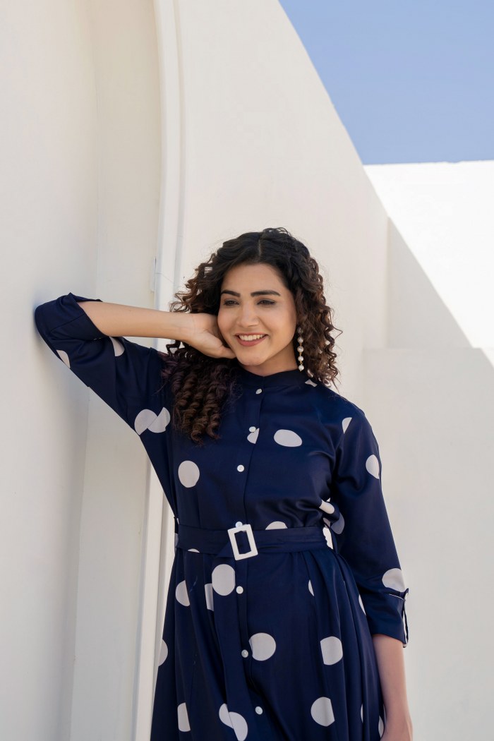 Navy Blue Polka Dot Shirt Midi Dress with Belt