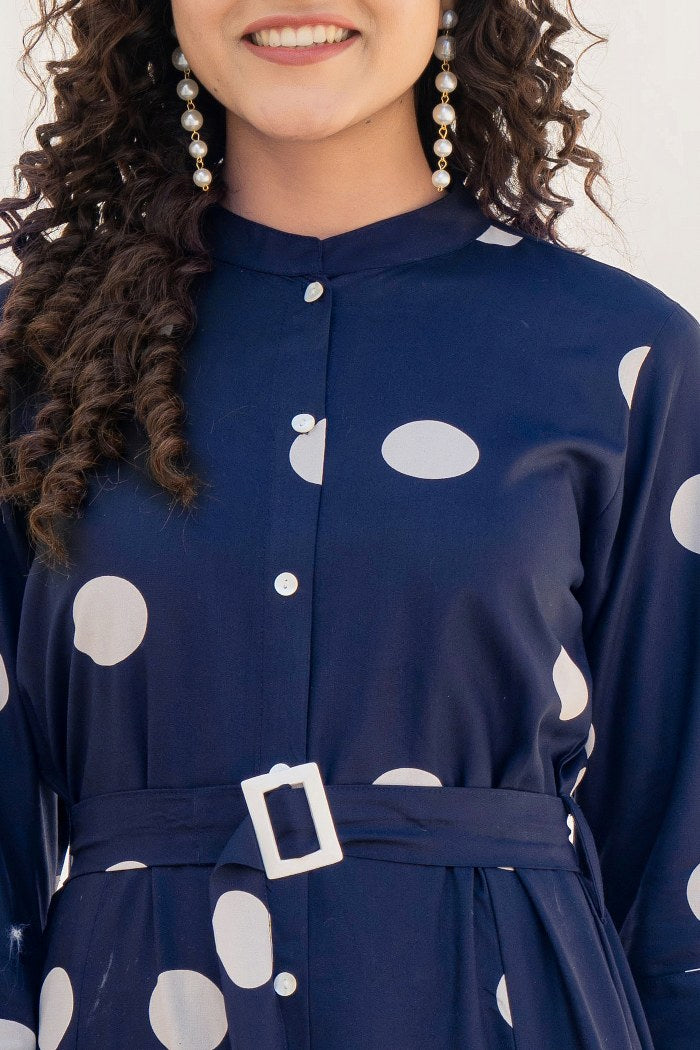 Navy Blue Polka Dot Shirt Midi Dress with Belt