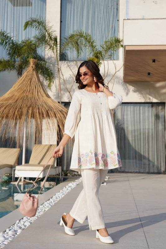 Off-White Embroidered Floral Co-Ord Set