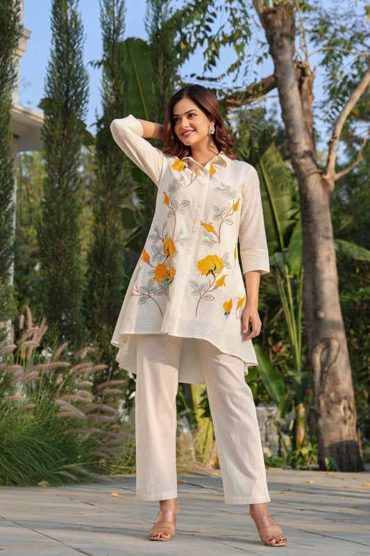 Chic Off-White Cotton Co-Ord with Yellow Floral Detailing
