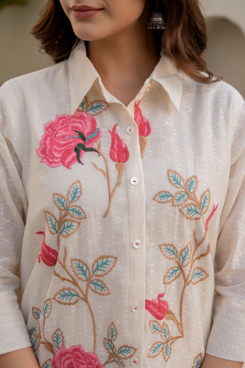 Off-White High-Low Floral Embroidered Co-Ord Set with Pink Accents