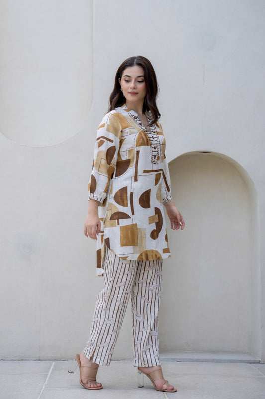 Beige & Brown Abstract Printed Co-Ord Set
