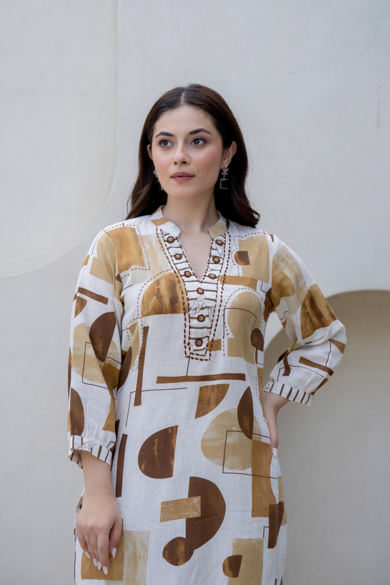 Beige & Brown Abstract Printed Co-Ord Set