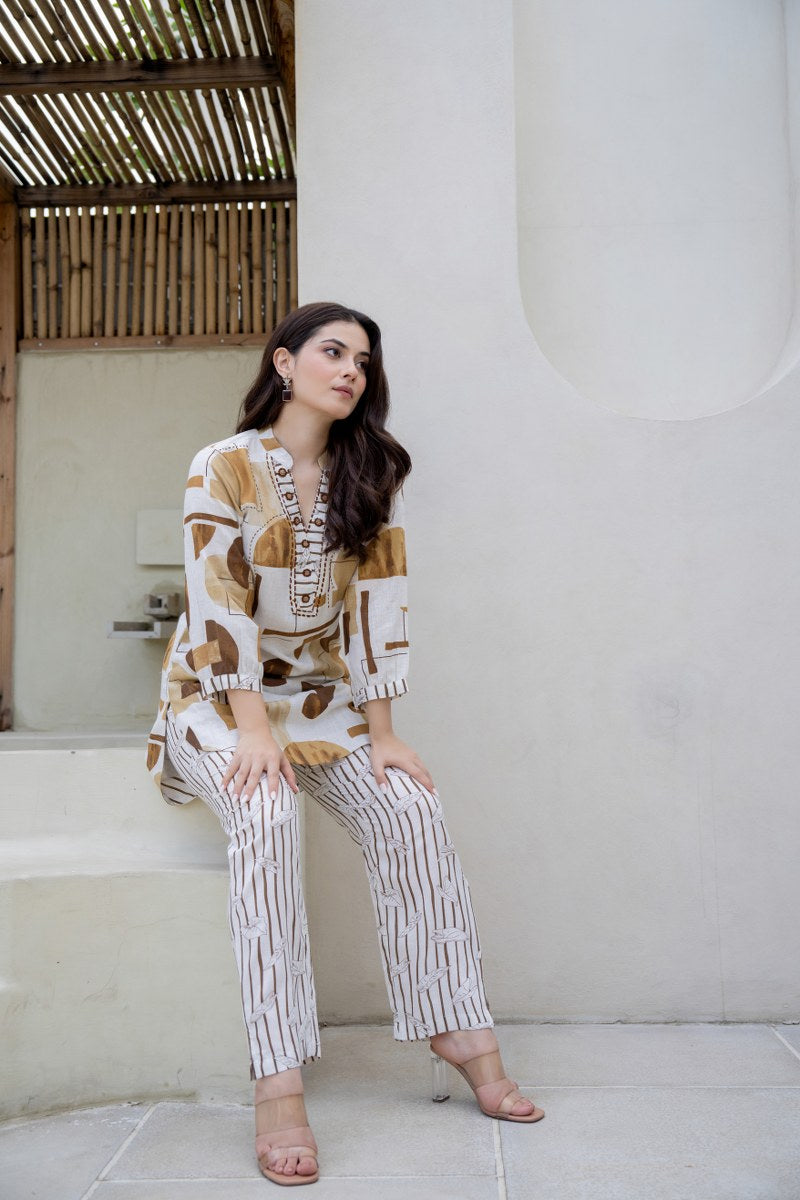 Beige & Brown Abstract Printed Co-Ord Set