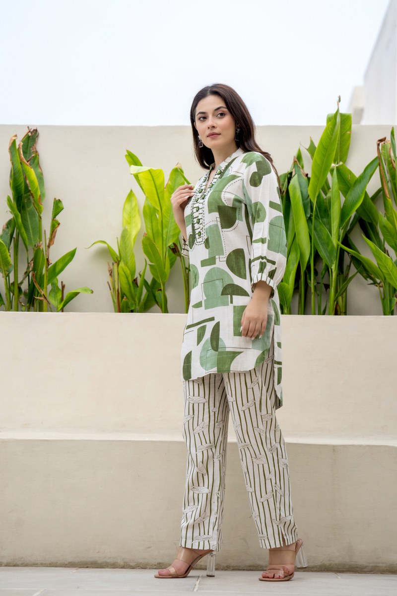Beige & Green Abstract Printed Co-Ord Set