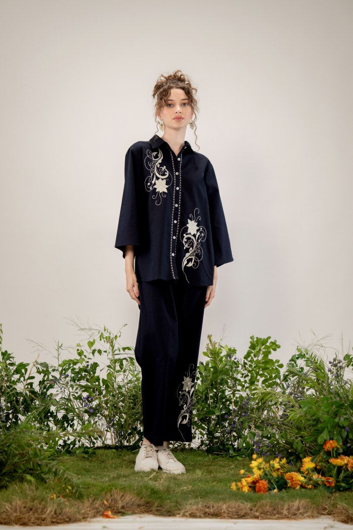Black Floral Embroidered Co-Ord Set with Straight Pants