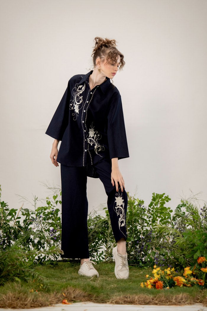 Black Floral Embroidered Co-Ord Set with Straight Pants