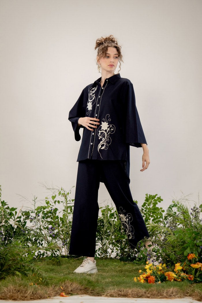 Black Floral Embroidered Co-Ord Set with Straight Pants