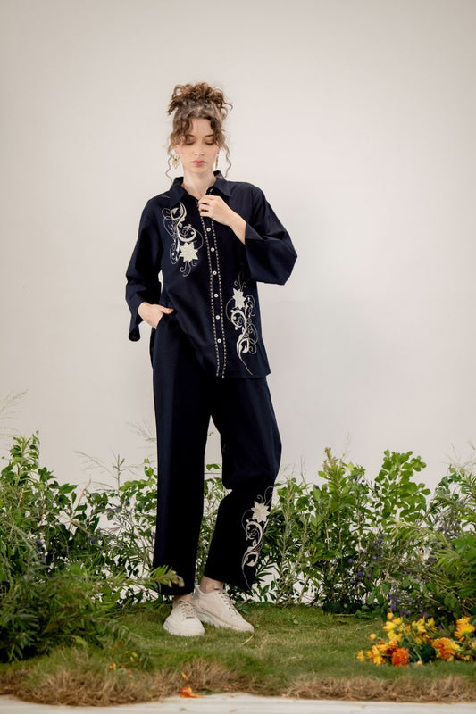 Black Floral Embroidered Co-Ord Set with Straight Pants