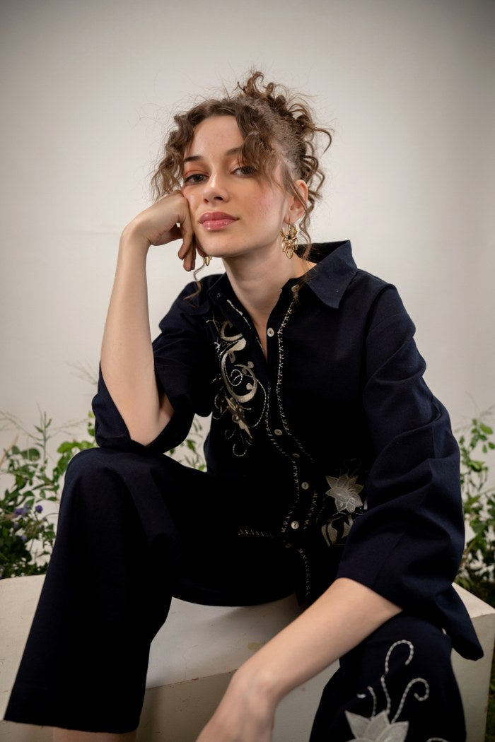 Black Floral Embroidered Co-Ord Set with Straight Pants