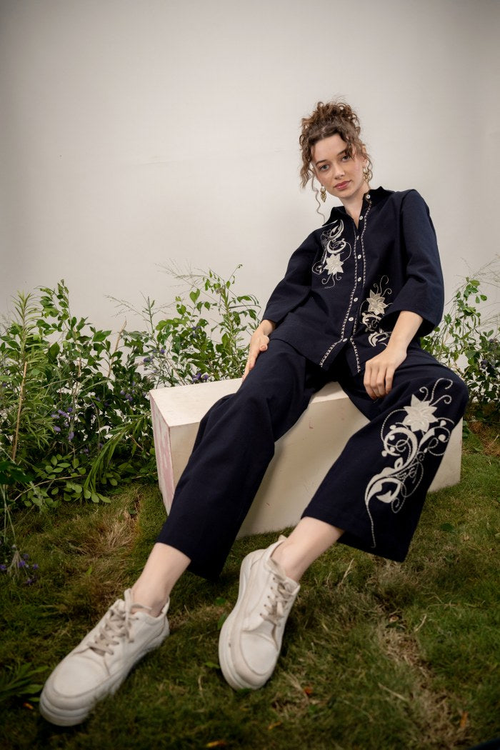 Black Floral Embroidered Co-Ord Set with Straight Pants