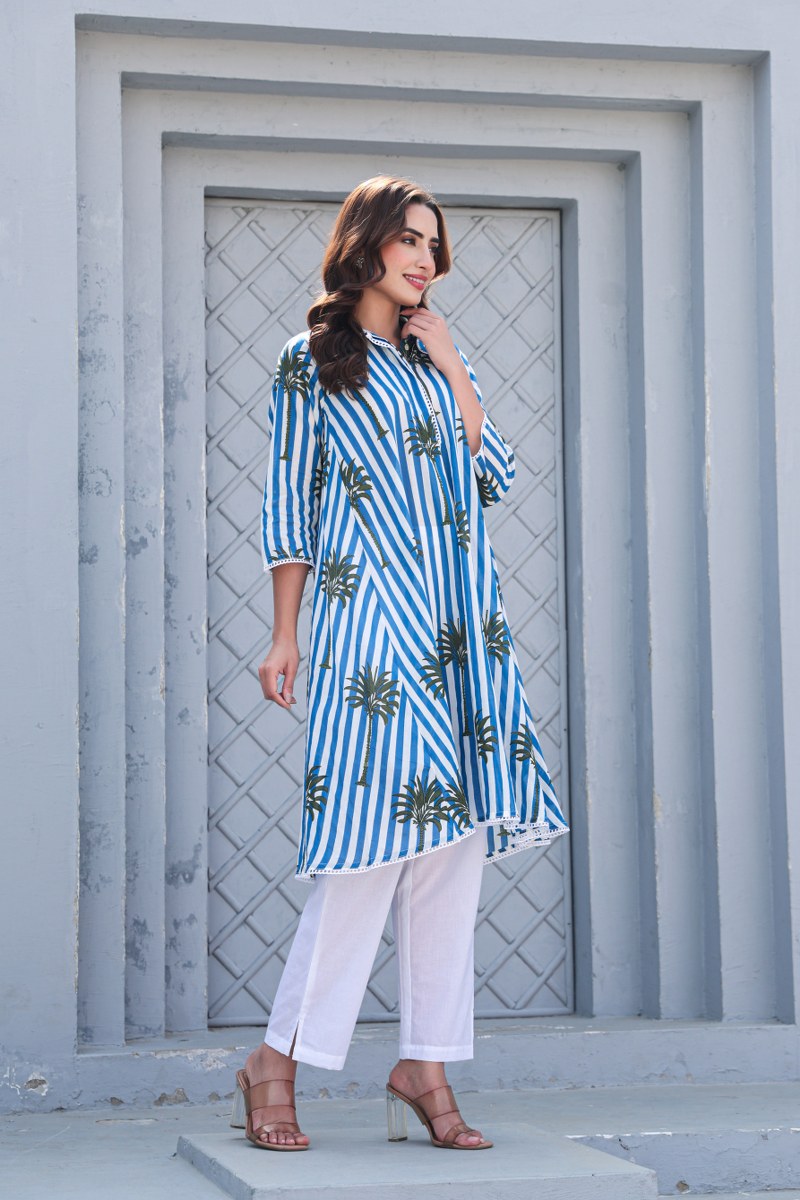 Blue & White Striped High-Low Co-Ord Set with Palm Print