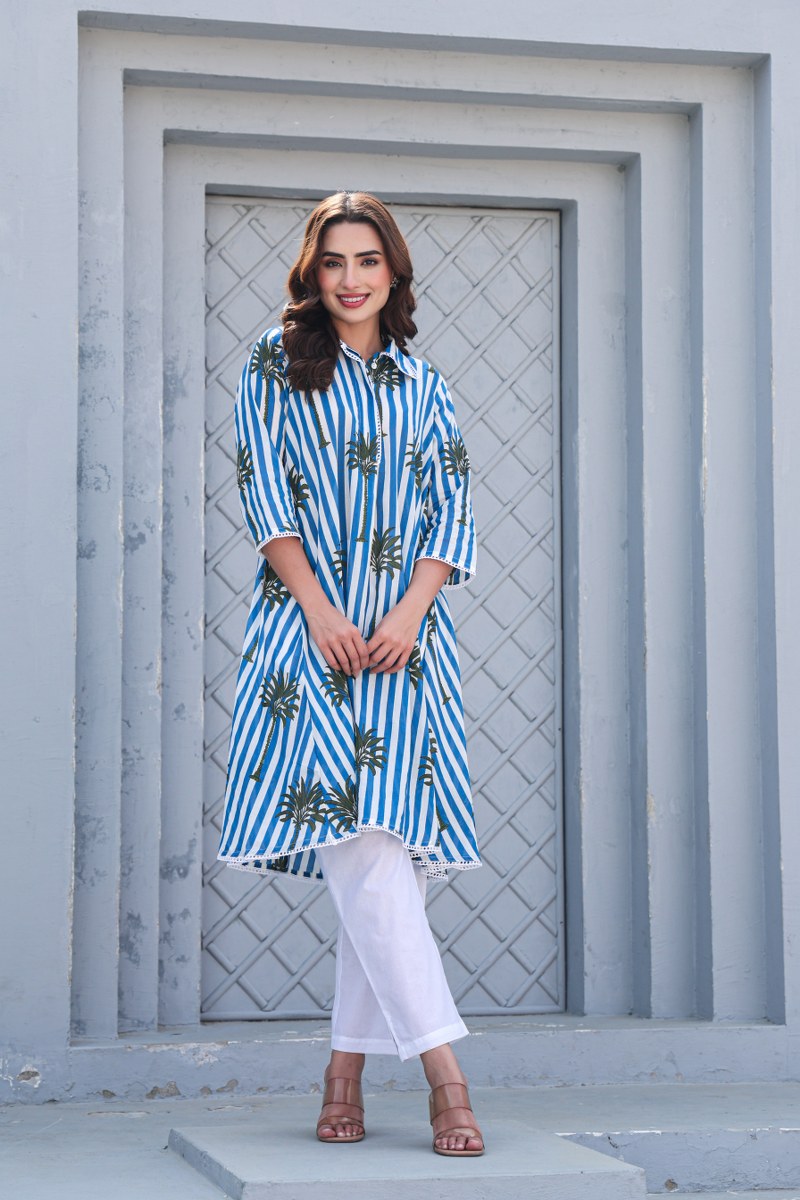 Blue & White Striped High-Low Co-Ord Set with Palm Print