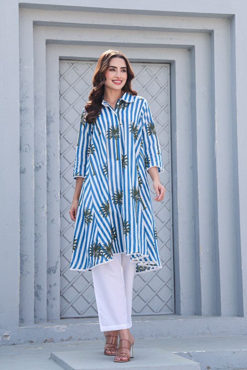 Blue & White Striped High-Low Co-Ord Set with Palm Print