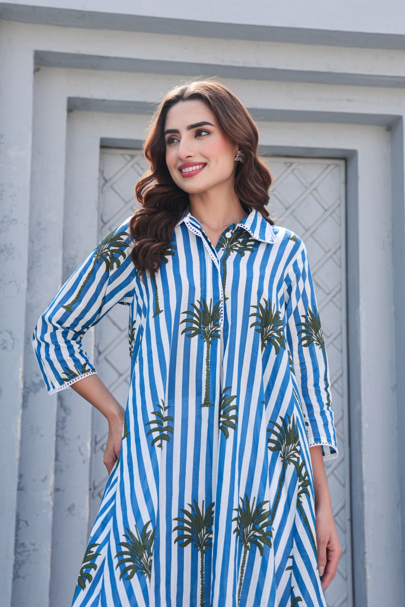 Blue & White Striped High-Low Co-Ord Set with Palm Print
