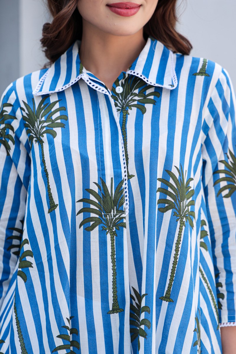 Blue & White Striped High-Low Co-Ord Set with Palm Print