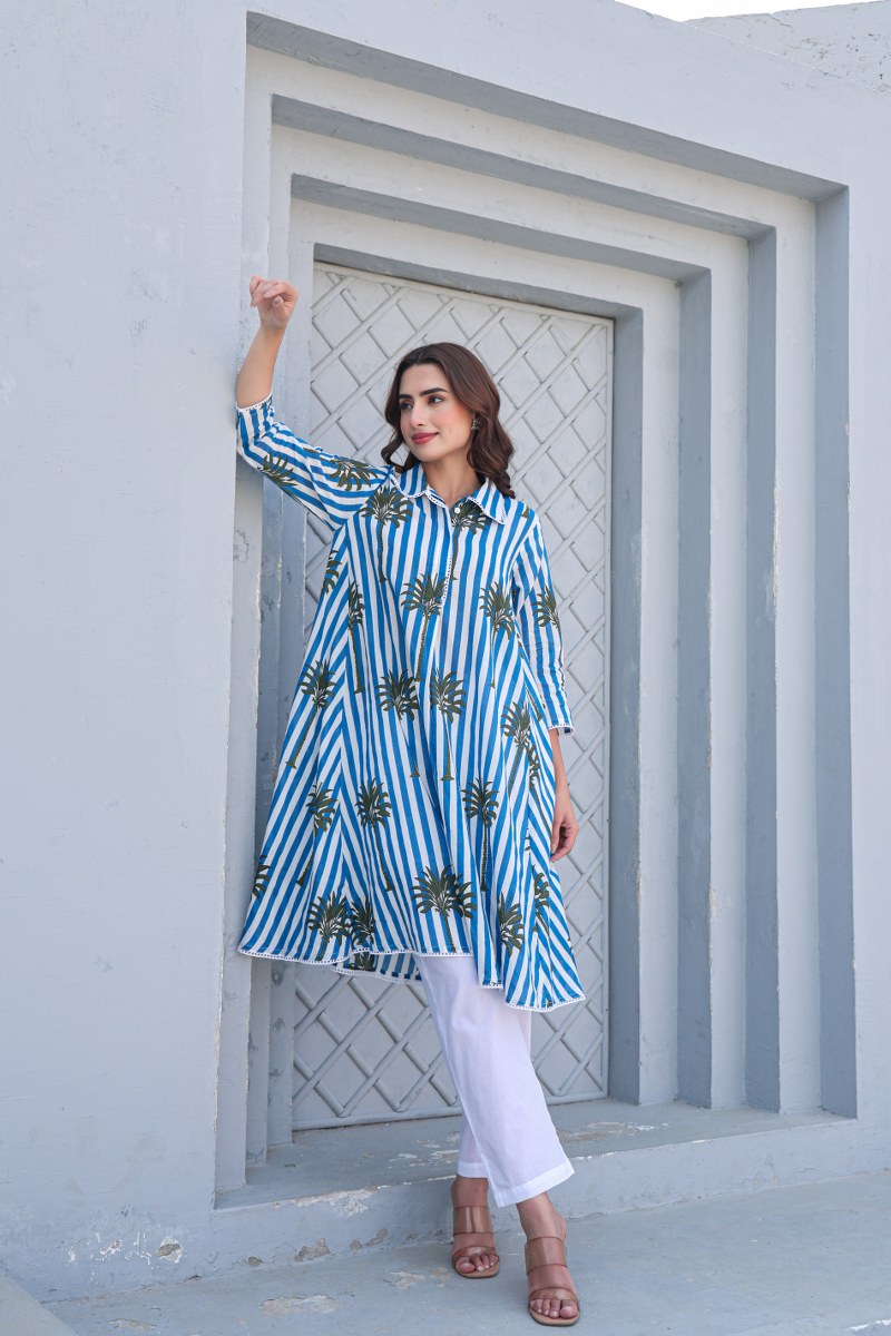 Blue & White Striped High-Low Co-Ord Set with Palm Print