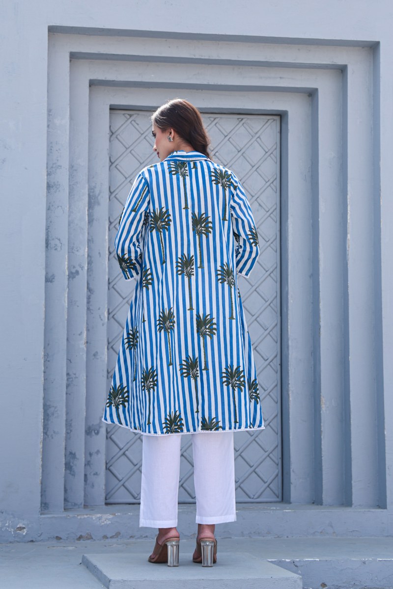 Blue & White Striped High-Low Co-Ord Set with Palm Print