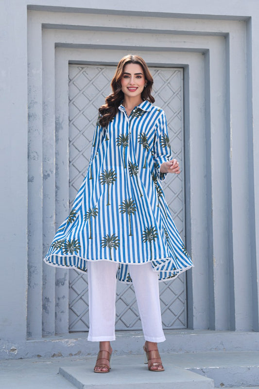 Blue & White Striped High-Low Co-Ord Set with Palm Print
