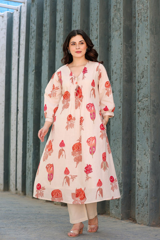 Peach Floral Printed Cotton Kurta Set
