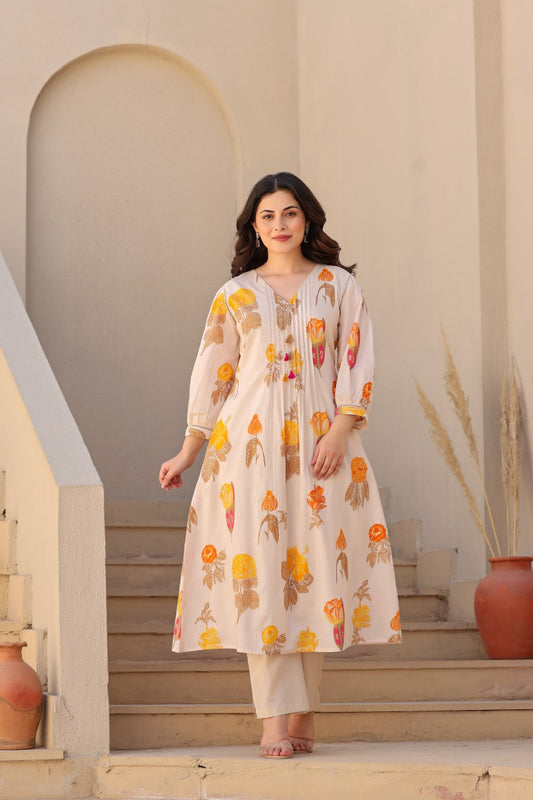 Floral Beige Printed Kurta with Straight Pants