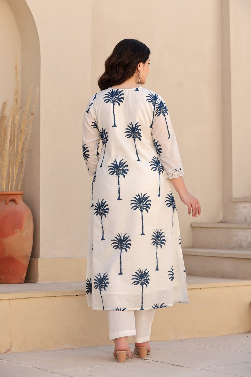 Ivory & Blue Palm Tree Printed 2-Piece Cord Set