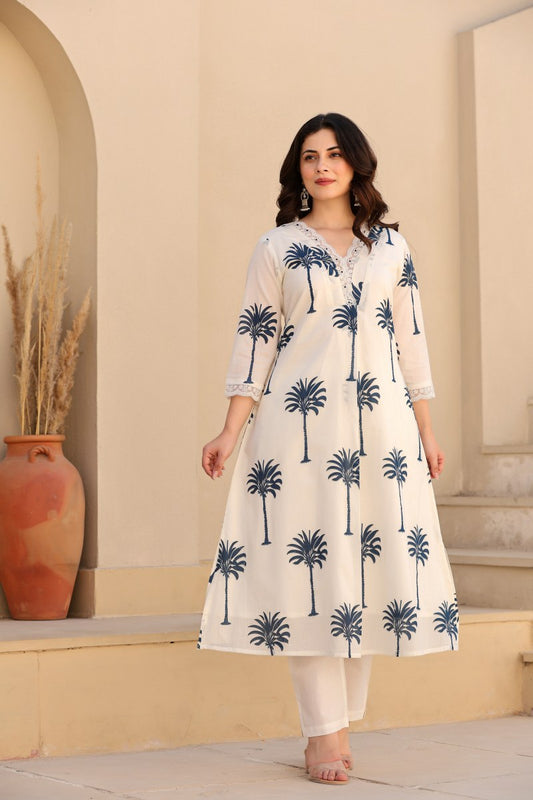 Ivory & Blue Palm Tree Printed 2-Piece Cord Set