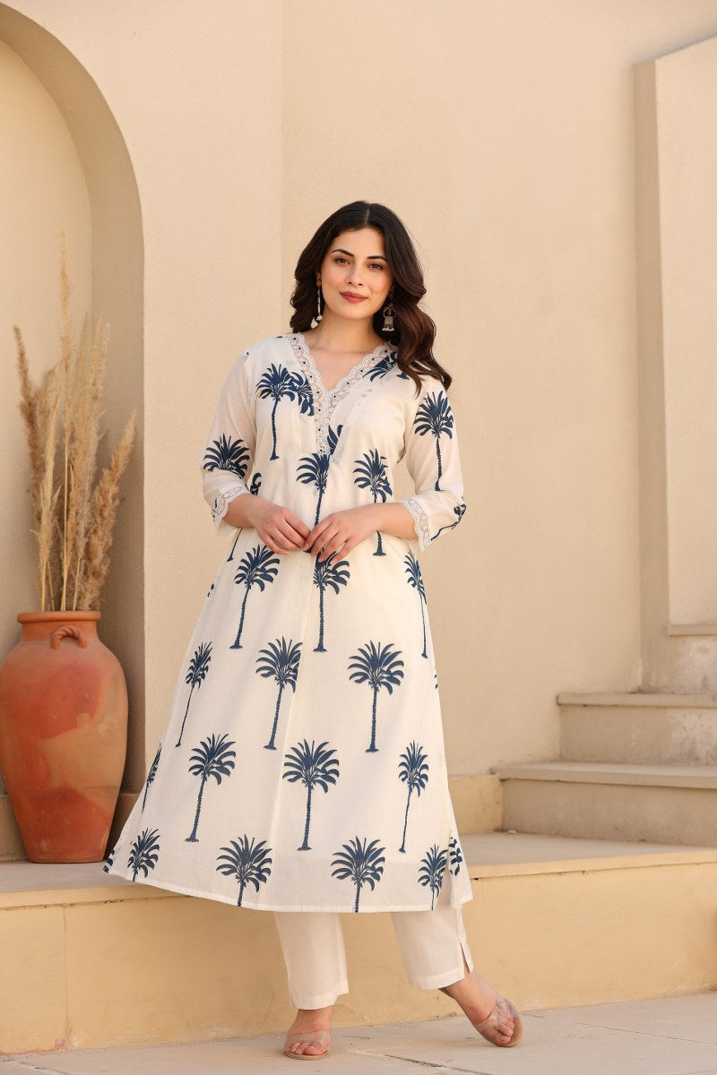 Ivory & Blue Palm Tree Printed 2-Piece Cord Set