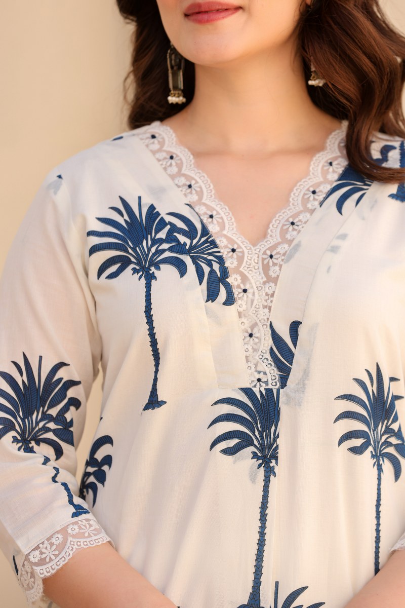 Ivory & Blue Palm Tree Printed 2-Piece Cord Set
