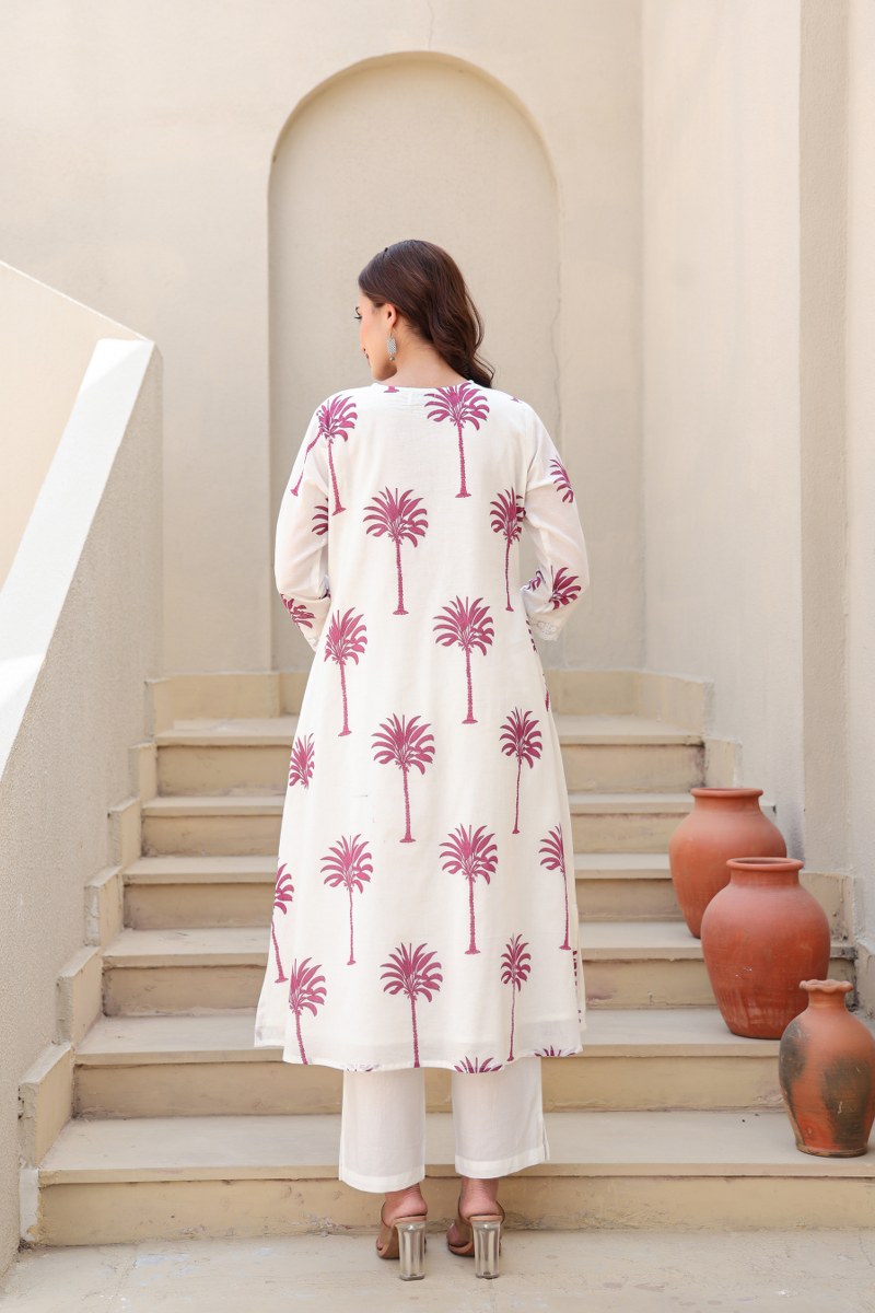 Ivory & Pink Palm Tree Printed 2-Piece Cord Set