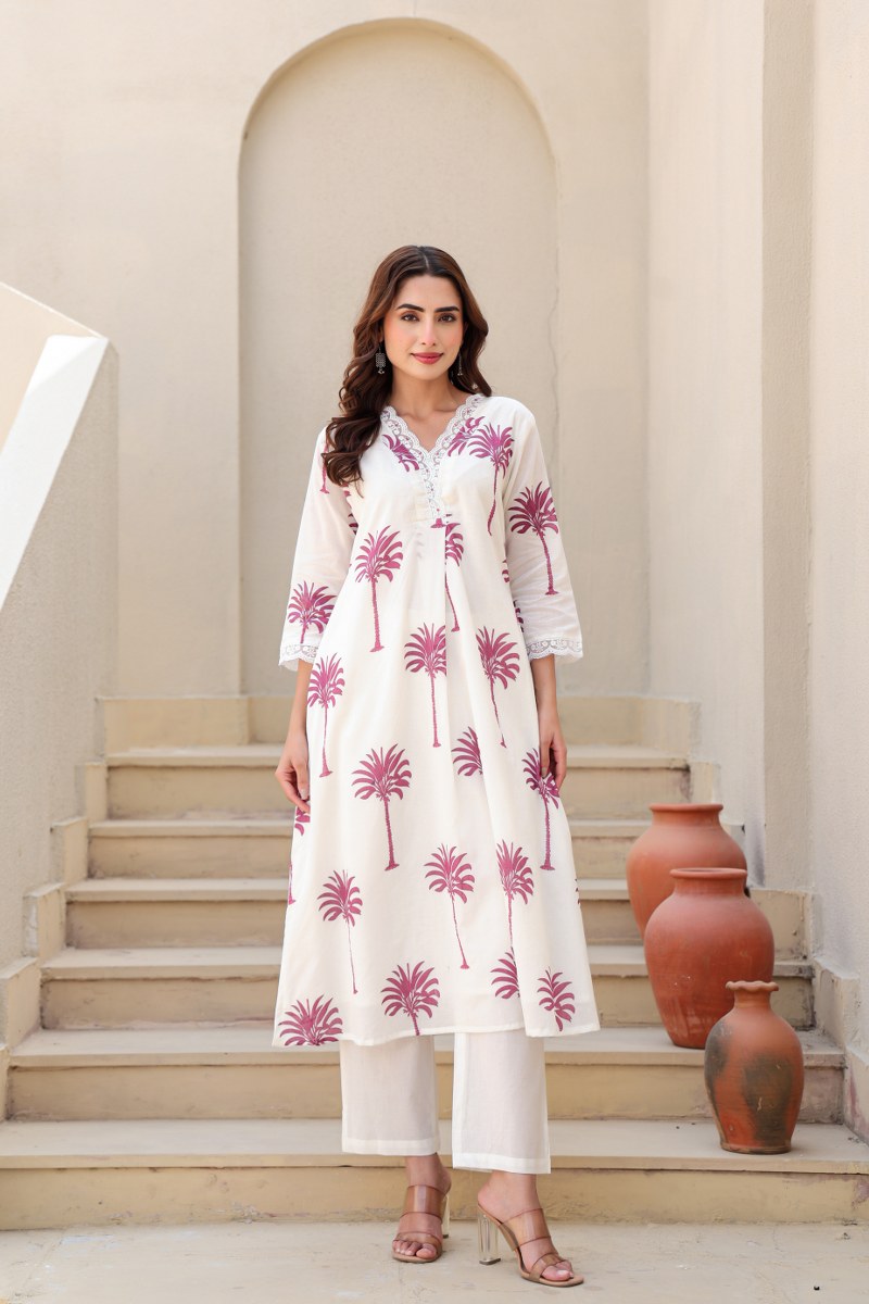 Ivory & Pink Palm Tree Printed 2-Piece Cord Set