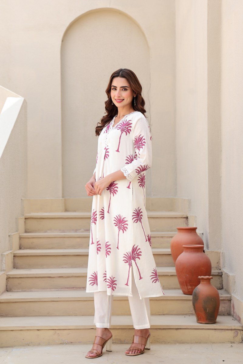 Ivory & Pink Palm Tree Printed 2-Piece Cord Set