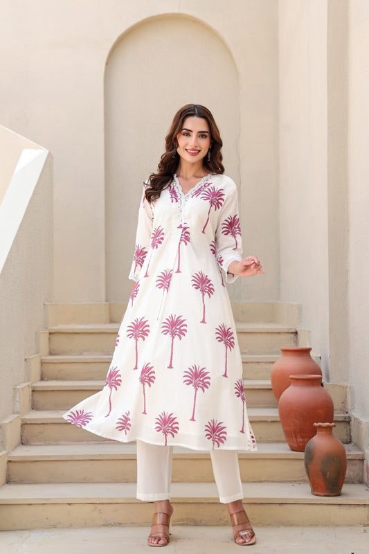 Ivory & Pink Palm Tree Printed 2-Piece Cord Set