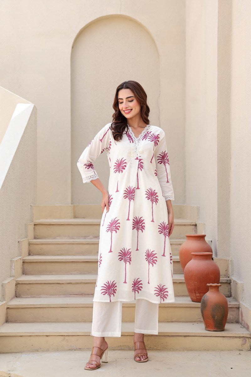 Ivory & Pink Palm Tree Printed 2-Piece Cord Set