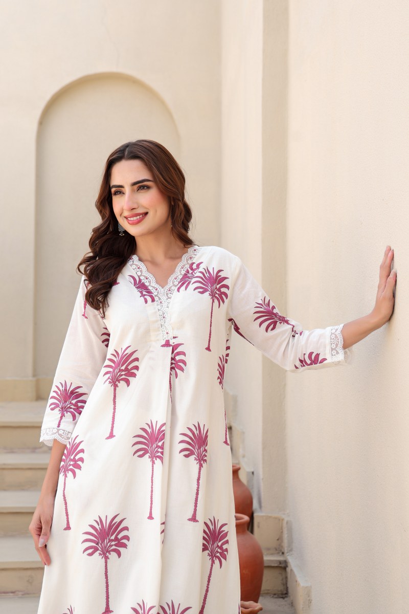 Ivory & Pink Palm Tree Printed 2-Piece Cord Set
