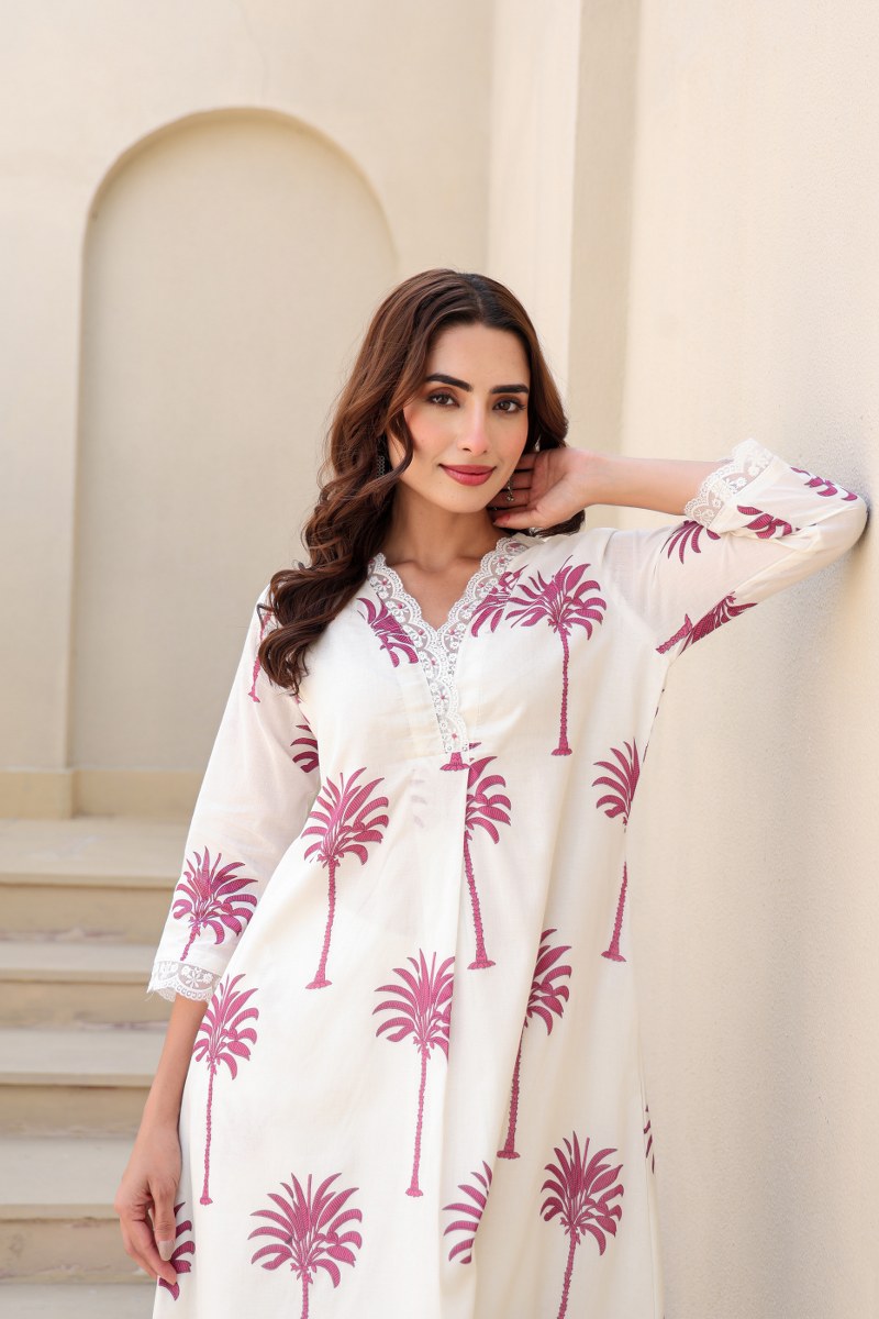 Ivory & Pink Palm Tree Printed 2-Piece Cord Set