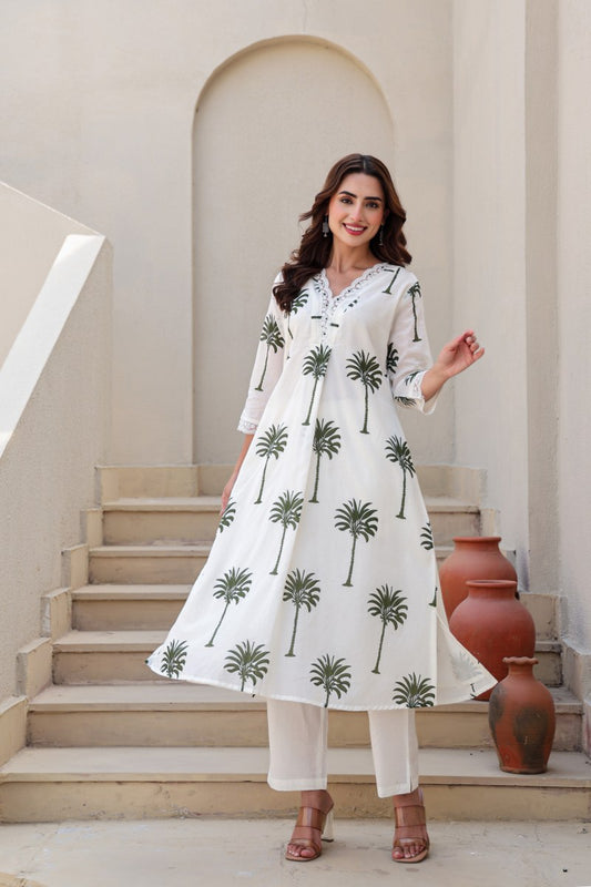 Ivory & Green Palm Tree Printed 2-Piece Cord Set