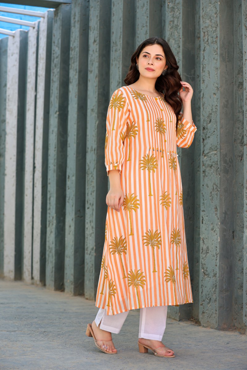 Orange & White Striped Printed 2-Piece Cord Set