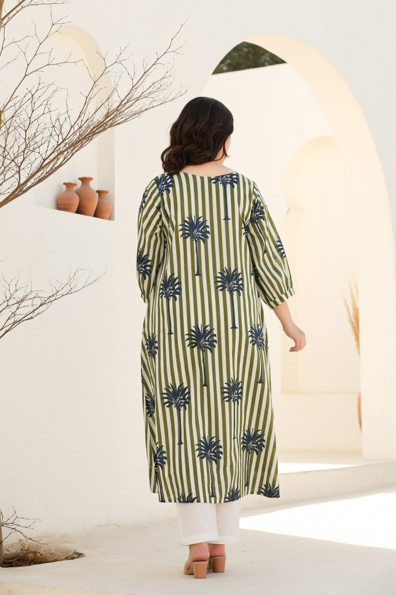 Olive Green & White Striped Printed 2-Piece Cord Set
