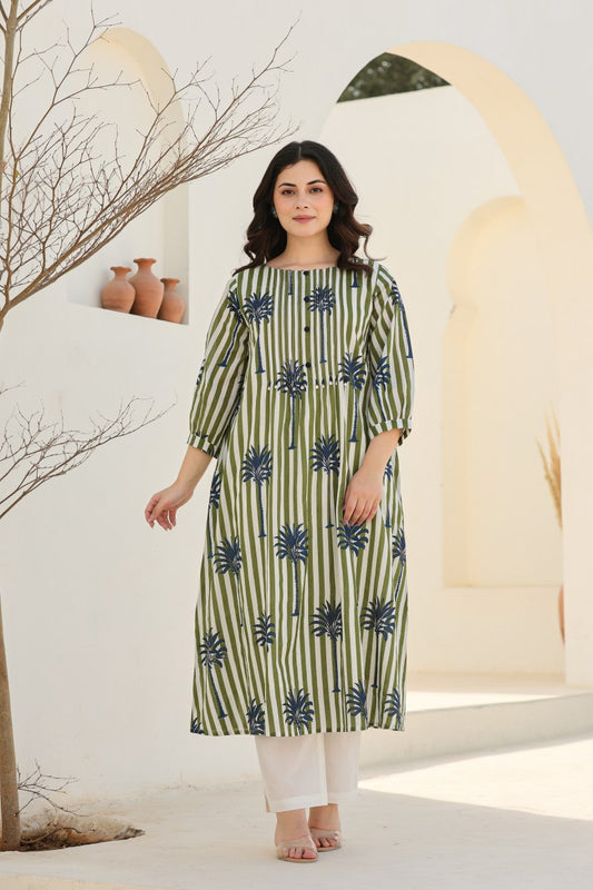 Olive Green & White Striped Printed 2-Piece Cord Set