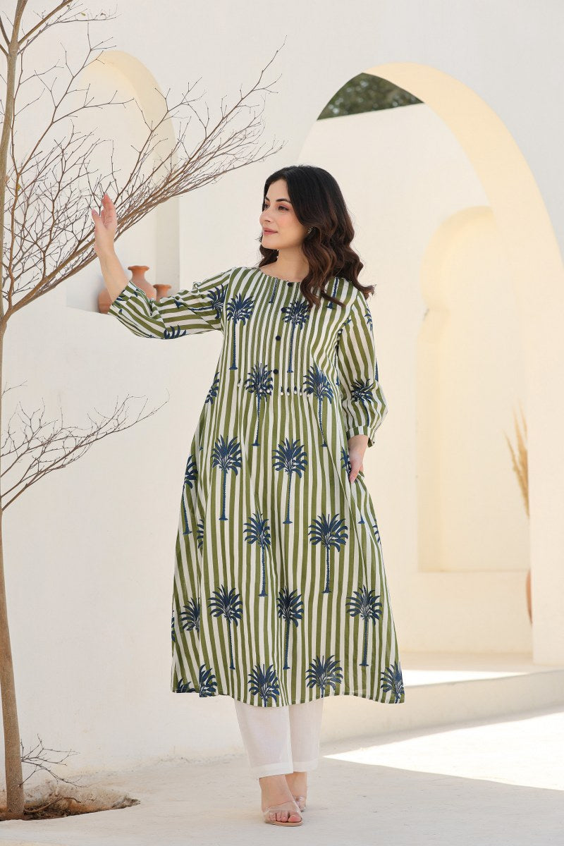 Olive Green & White Striped Printed 2-Piece Cord Set