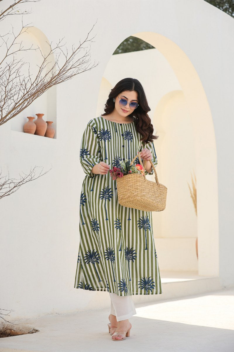 Olive Green & White Striped Printed 2-Piece Cord Set