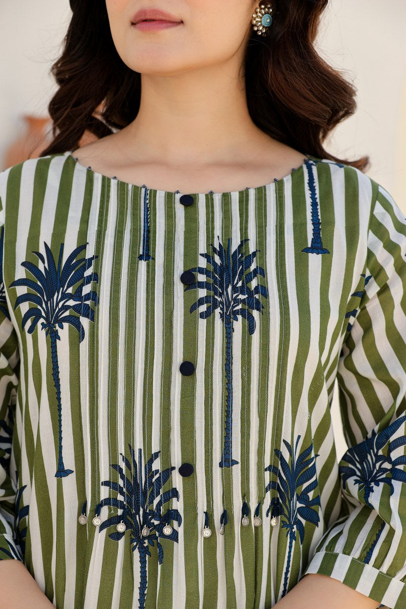 Olive Green & White Striped Printed 2-Piece Cord Set