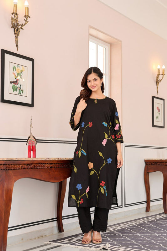 Black Multicolor Floral Printed Cotton Cord Set