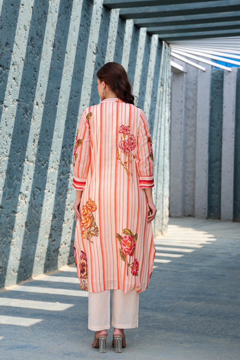 Peach Striped Floral Printed Cotton Cord Set for Women