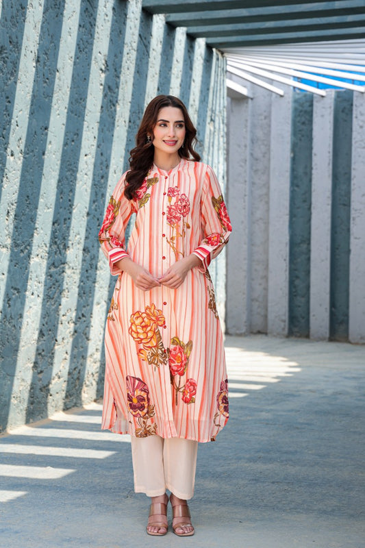 Peach Striped Floral Printed Cotton Cord Set for Women