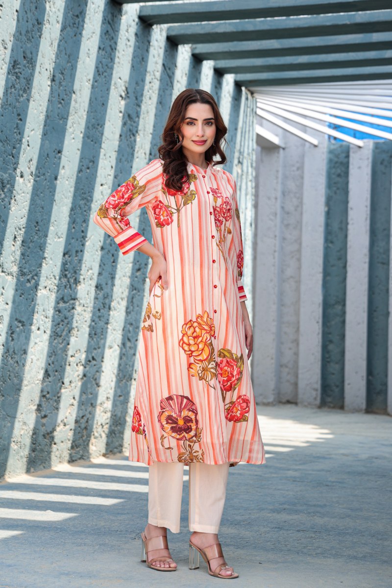 Peach Striped Floral Printed Cotton Cord Set for Women
