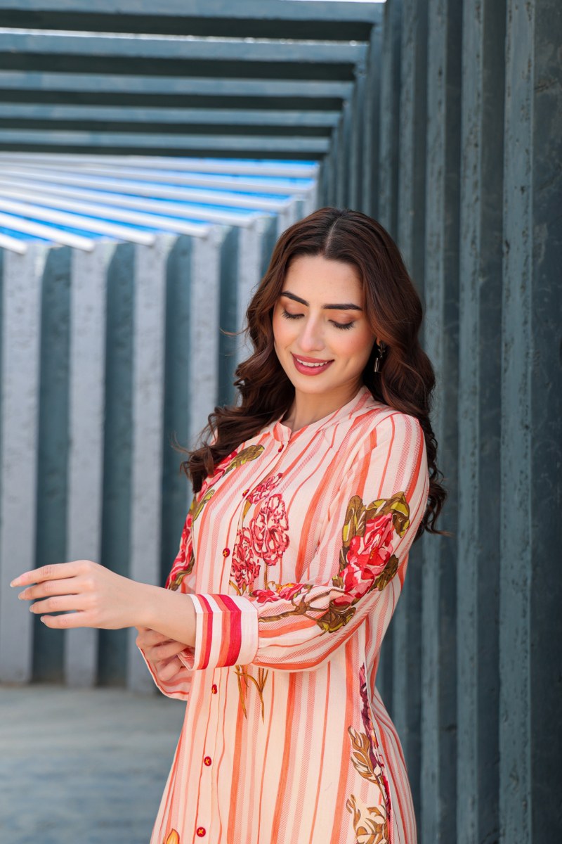Peach Striped Floral Printed Cotton Cord Set for Women