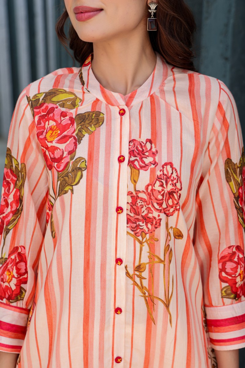 Peach Striped Floral Printed Cotton Cord Set for Women