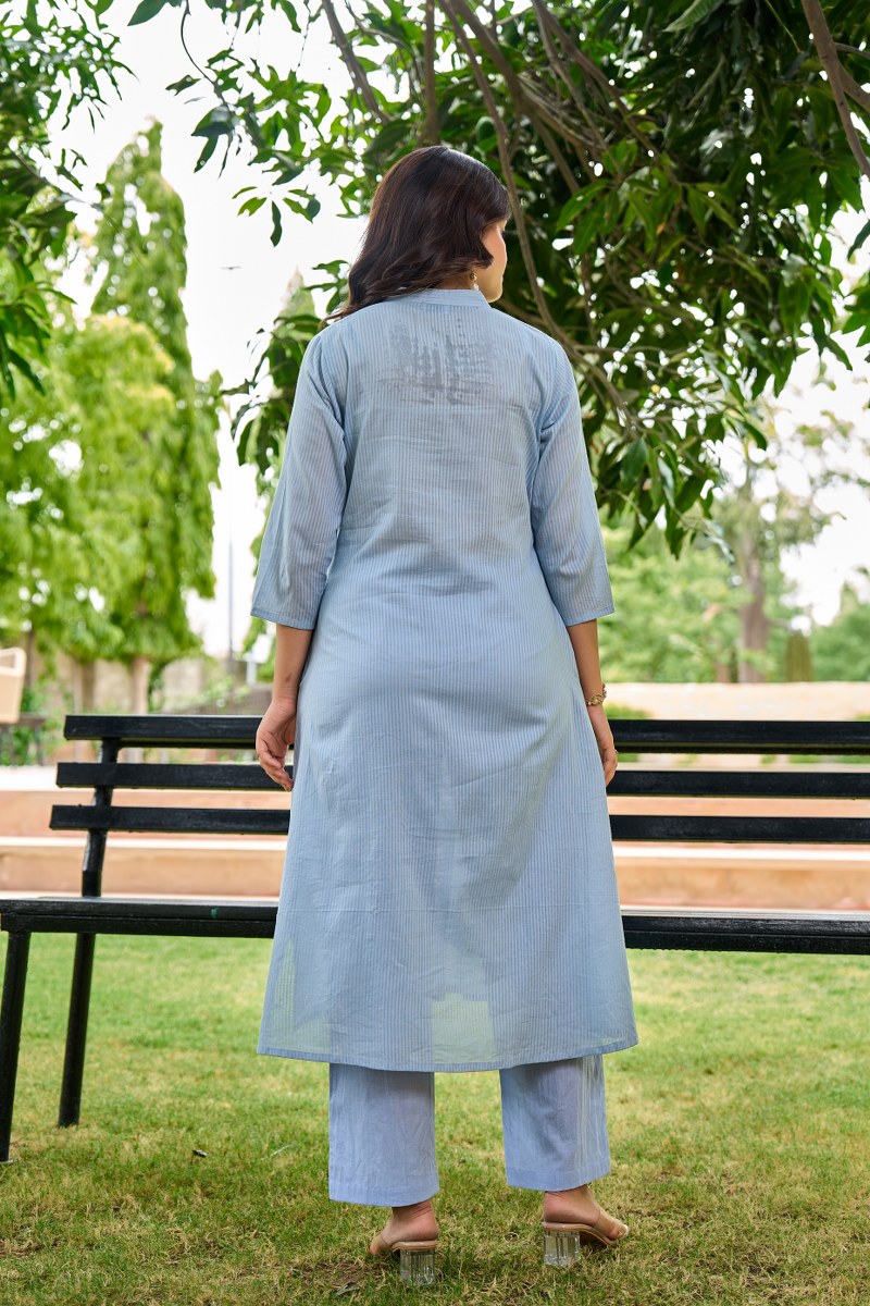 Pastel Blue Floral Embroidered Cotton Cord Set for Women